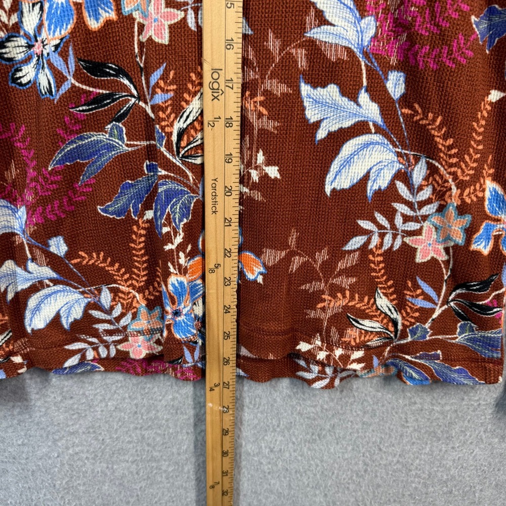 Sundance Floral Waffle Knit Thermal Top Rust Brown Velvet Button Cuff Large - Picture 2 of 7